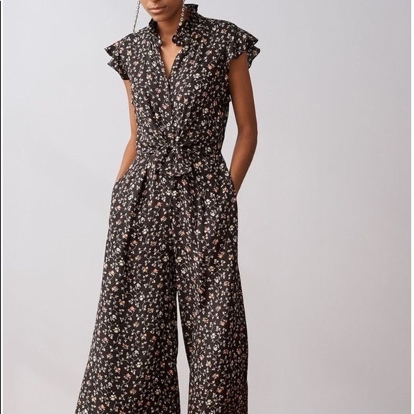 Rebecca Taylor Pants - Rebecca Taylor 100% Silk Black Floral Vine Print Cropped Wide Leg Jumpsuit